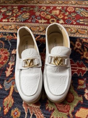 Valentino White Leather Logo Loafers with Gold V Buckle